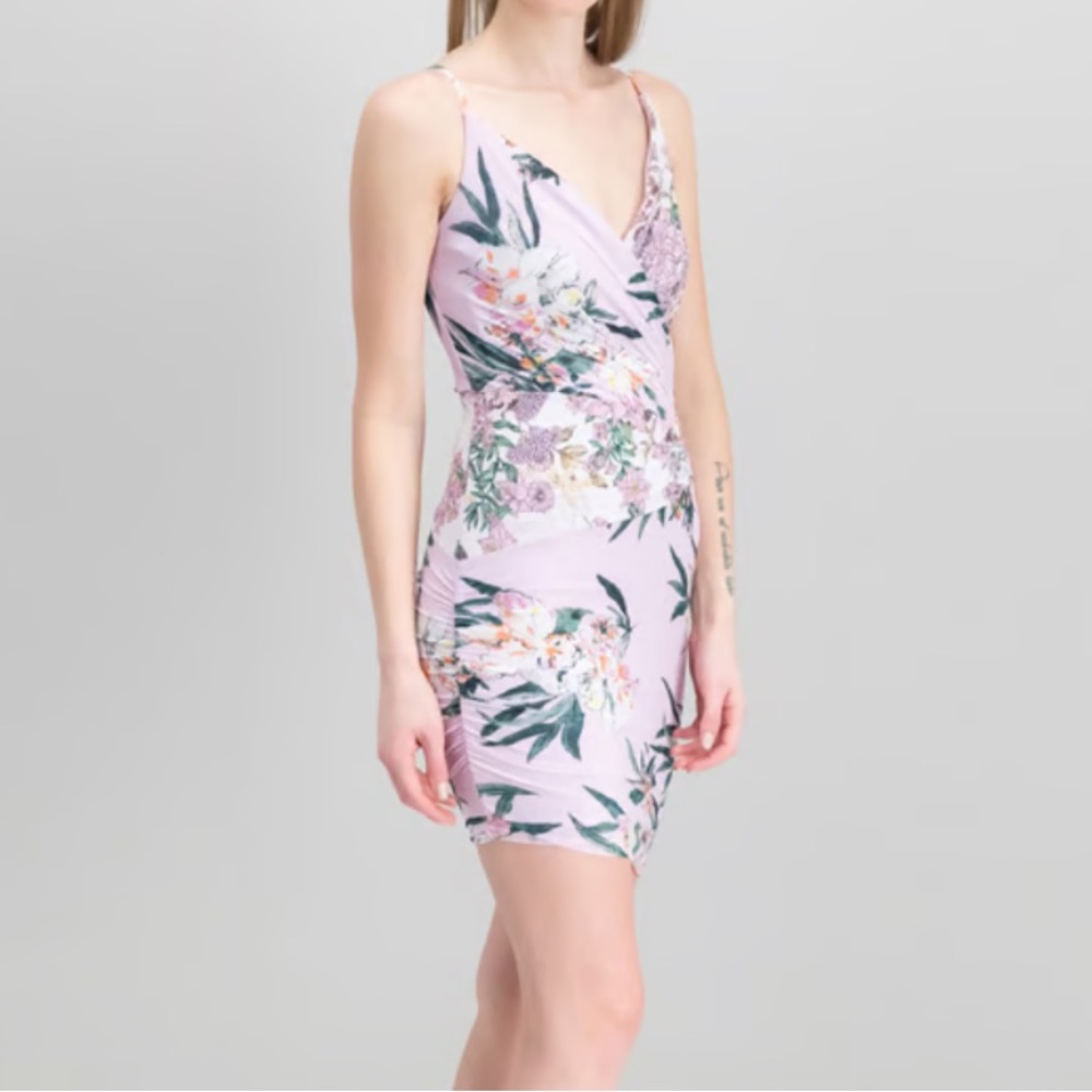 Guess Pink Floral Wrap-Front Mini Dress